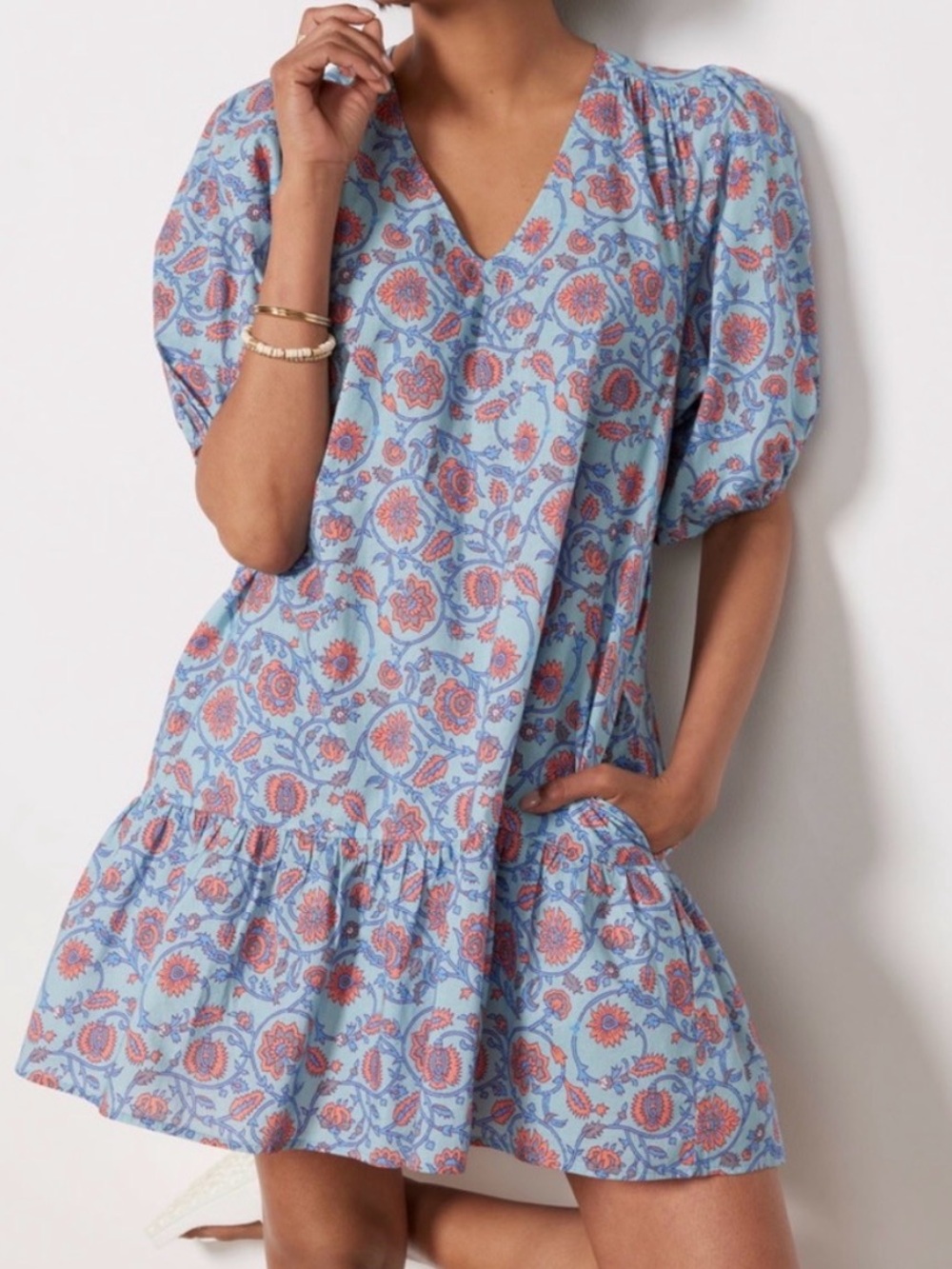 Sundry for Evereve Sky-Blue Dress with Coral Floral Print